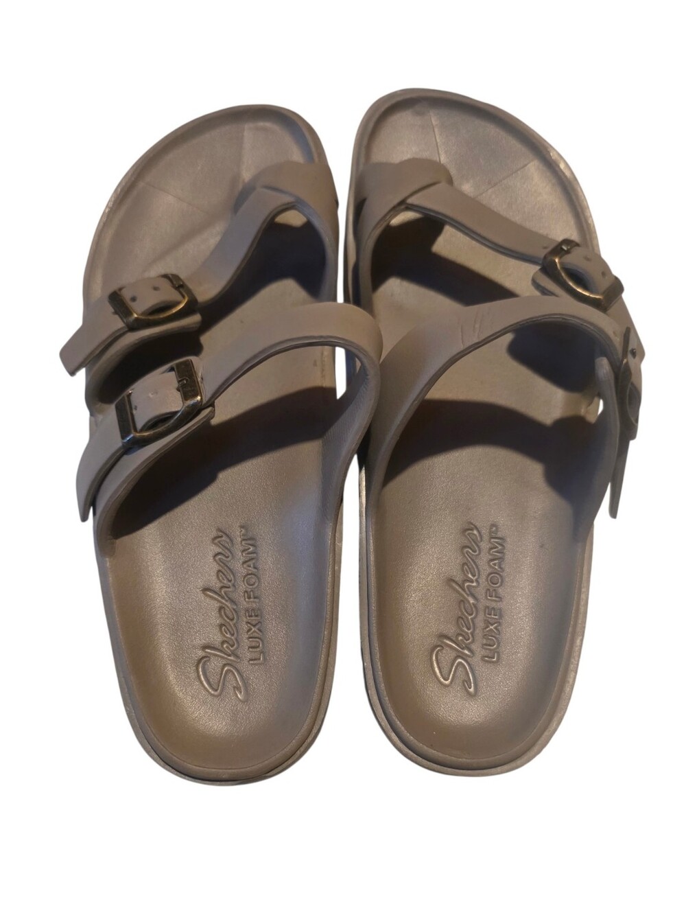 Skechers Taupe Double-Buckle Luxe Foam Sandals